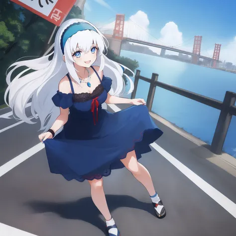 ((((1 woman)))), fullbody, lace top, red necklace, maxi skirt, ((((white hair)))), ((((blue eyes)))), long hair, happy, smile, 18 year old, dynamic angle, ((((blue hairband)))), in the tokyo, road