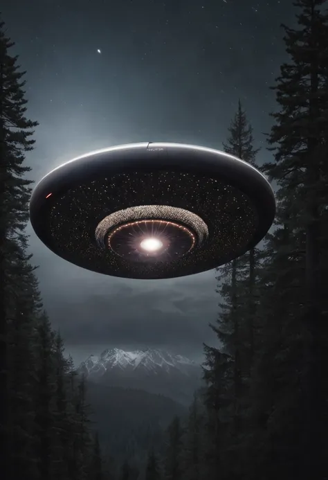 "a detailed illustration of a UFO craft hovering in the air above a nocturnal forest on the horizon"