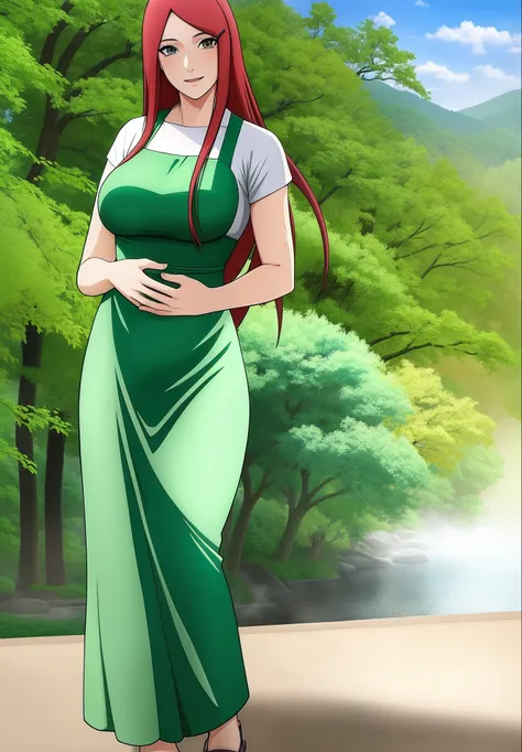 uzumaki_kushina, large_breasts, standing, solo, kushina_green_dress, masterpiece, best quality, detailed face, detailed eyes, highres, smile, happy, cherry blossom trees, onsen,