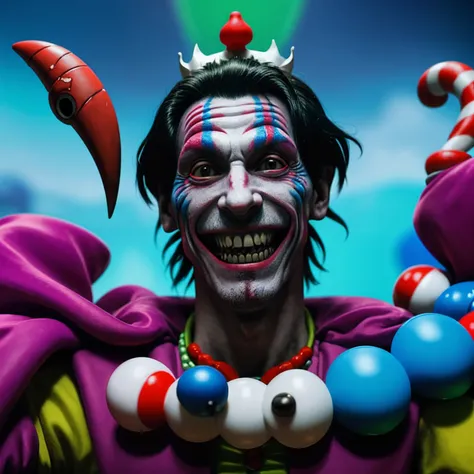 Shaco-like character, fool man, blood, court jester, evil smile, rotten teeth, colorful clothes, background with toys, bright and cold colors, 8k quality, cinematic focus