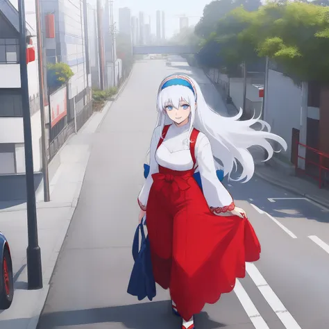 ((((1 woman)))), fullbody, lace top, red necklace, wide leg pants, ((((white hair)))), ((((blue eyes)))), long hair, happy, smile, 18 year old, dynamic angle, ((((blue hairband)))), in the tokyo, road