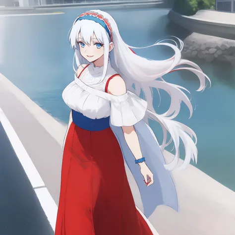 ((((1 woman)))), fullbody, off shoulder lace top, red necklace, maxi skirt, ((((white hair)))), ((((blue eyes)))), long hair, happy, smile, 18 year old, dynamic angle, ((((blue hairband)))), in the tokyo, road