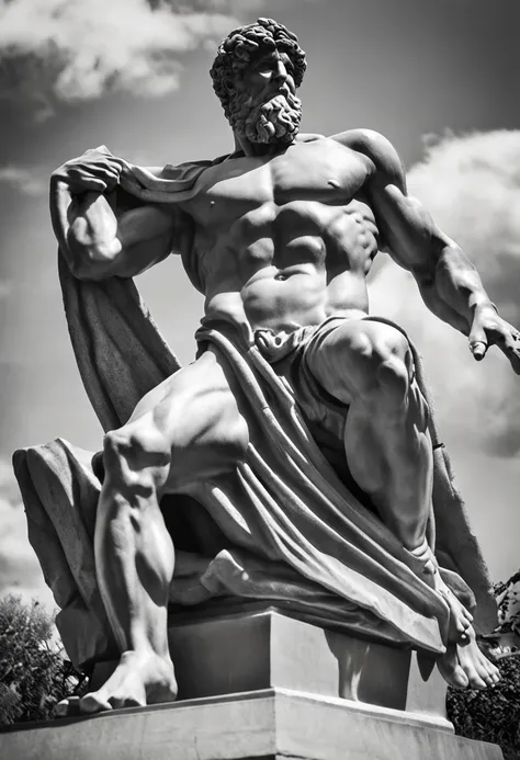 Greek muscle philosopher man statue, Ultra Detalhado, Breaking statues, Gym pose, Preto e branco, cinematic movie photograph, foco nítido, filmagem de cinema, cena de cinema, altamente detalhado, epics, dramatic lighting, Zoom do lado esquerdo, closeup bac...