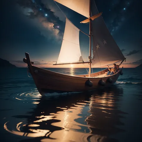 Draw up a scene depicting Lucas in a small boat, sailing towards the Treasure Island of Imagination. The night sky should be filled with bright stars, and the reflection of them in the calm sea water should create a stunning effect. Lucas must be looking f...