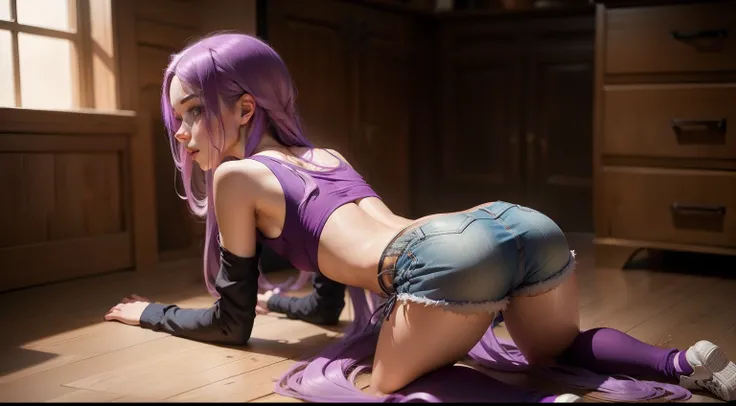 Girl with long purple hair, Slim, pretty, little chest, in shorts, on all fours