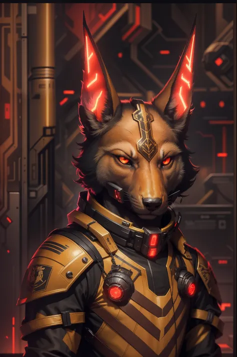 Ein Scifi-Gott-Schakal , hight resolution , On the obverse, a black and gold male furry anthro jackal, ein anubischer gott, ein Schakal, eine Acrador Mindmachine mit einem fantasy schwert und roten Augen , Hintergrund : Neonlighs und Scifi Hanger mit Raums...