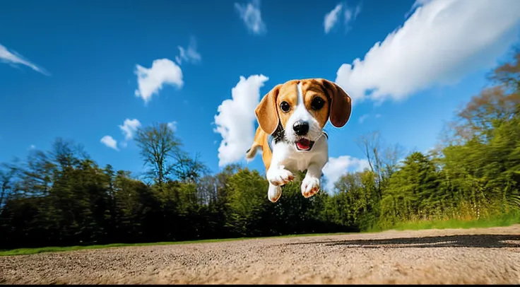 Picture of beagle jumping，cartoonish style，Big ears fly，the soft light