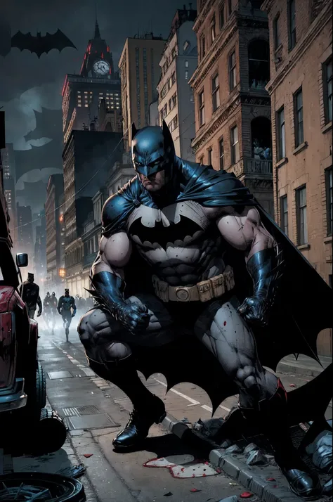 Batman was on the streets of Gotham City when he saw blood on the ground. He followed the trail of blood and found a group of criminals who had just robbed a bank. Batman fought them and managed to capture them all. He then called the police to come and ta...