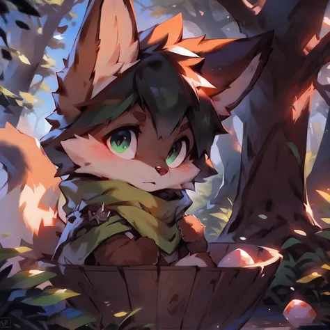 A curious male fox cub pokes its head out of a cozy fox den in the forest. He has orange fur, bushy tail, And cheer up the big fluffy ears. He wears the green adventurers hat and scarf. His eyes were bright and surprised as he looked out of the study in th...