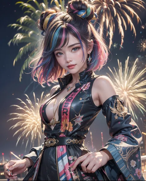 ((Fireworks display seen from space)),Fireworks are the main composition，Fireworks display beyond imagination，innocent smiles、eye glass、Never seen、Seven colors,(1girl in, Solo:1.6),(Cute smile),(Clothes are simple), (Best Impact:1.5), (maximalism:1.7), Viv...