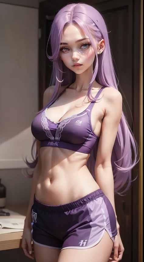 Girl with long purple hair, Slim, pretty, Flat Breast, in a bra and sports shorts