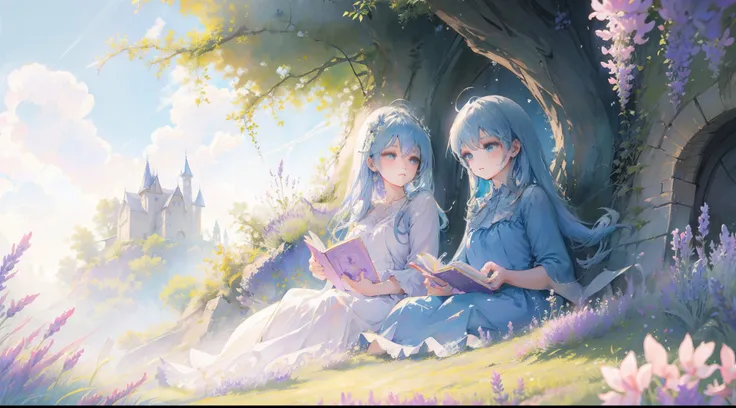 Two anime girls sitting in the grass and field of lavender in front of fantasy castle, one with white haired long braids and wearing blue princess dress and another one is blue haired long side ponytail and wearing deep violent dress , ((both long hair )),...