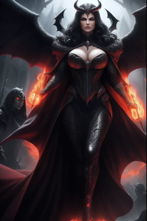 Lisa Ann ultra-detailed: The Empress of Darkness, Background to the destruction of hell, diabolique, insidieux, invincible, couronne sombre, Evil queen, Robe noire et rouge, demon wings dans le dos, Demon horn, Realistic detailed eyes, Shaded illustration ...