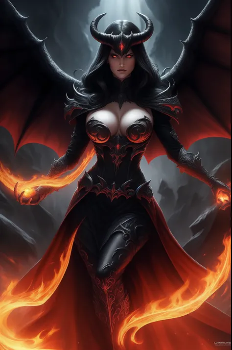 Lisa Ann ultra-detailed: The Empress of Darkness, Background to the destruction of hell, diabolique, insidieux, invincible, couronne sombre, Evil queen, Robe noire et rouge, demon wings dans le dos, Demon horn, Realistic detailed eyes, Shaded illustration ...