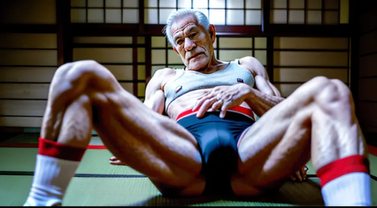 （male people），seventy years old，Strong build，（spread their legs），No clothing，（Red sexy panties），In old Japanese houses，On tatami，large bulge，The crotch faces the camera，The camera is focused on the crotch，High fidelity，Sexy action，Hands touching the crotch...