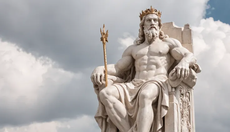 A regal Zeus, seated atop a throne of billowing clouds, his thunderbolt held in a powerful grip.