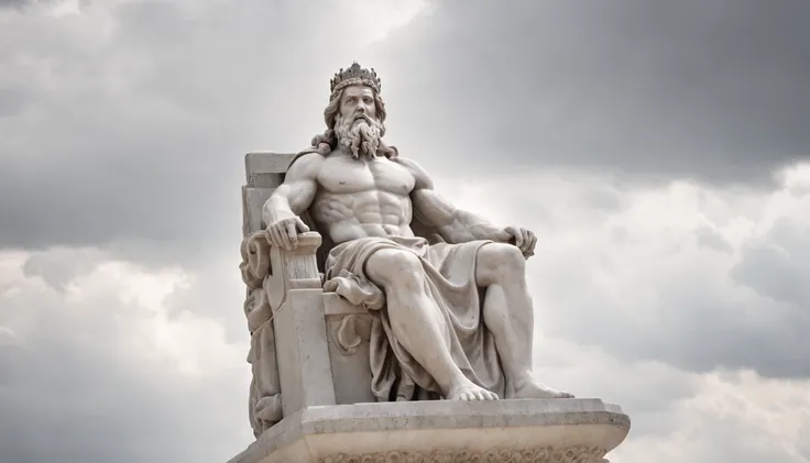 A regal Zeus, seated atop a throne of billowing clouds, his thunderbolt held in a powerful grip.