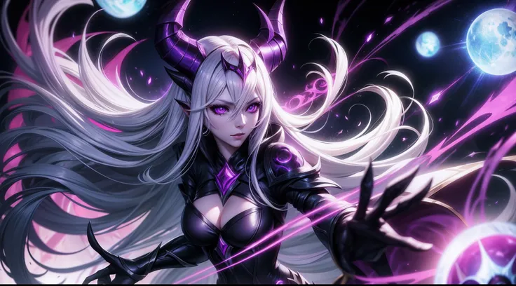 Syndra from League of Legends, white long hair, with horned mask, purple eyes with purple light, black purple orbs in her hands, Riot games splash art