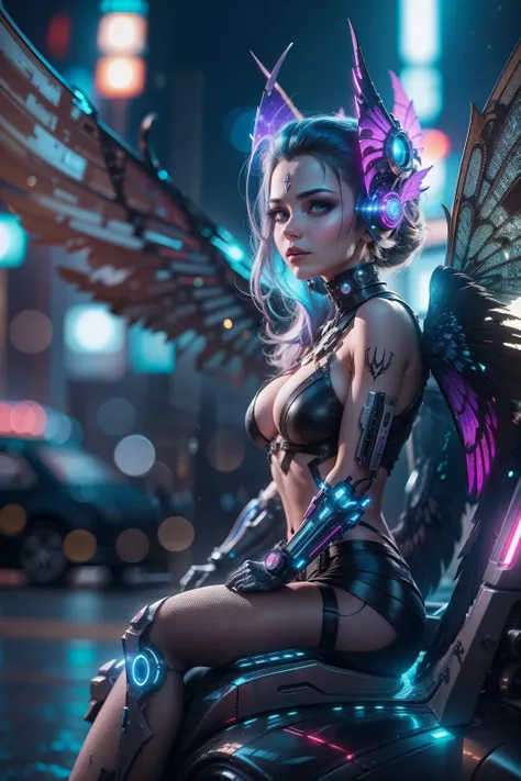 beautyful cyberpunk faery with wings of steel ultradetailed cyborg body in a night city siting on a futuristic Car locking at the viewer, Beautyfull Face, Steel wings with iluminations, Lens Flares,  4k Ultra Resolution , Bokee, Hyper real Reflections