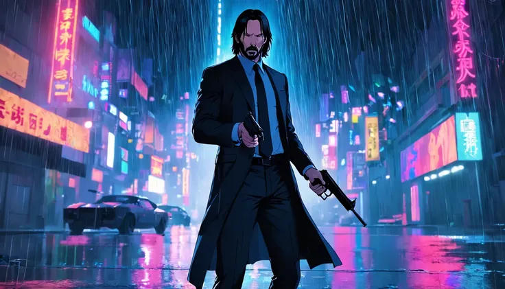 john wick holding a silenced pistol standing in the rain, black suit, city, neon lights, night.