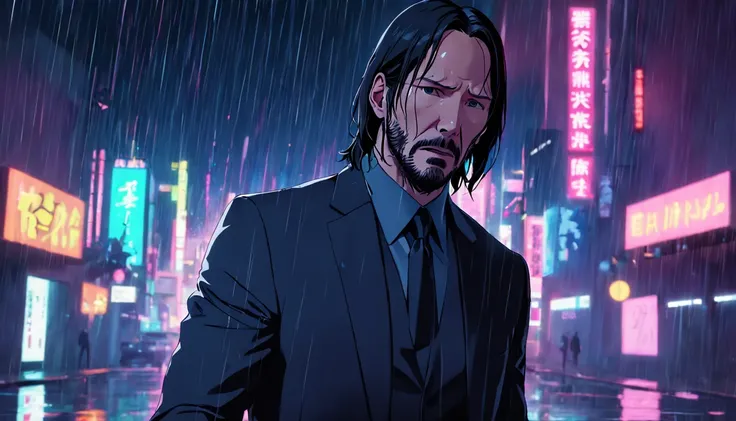 john wick holding a silenced pistol standing in the rain, black suit, city, neon lights, night.