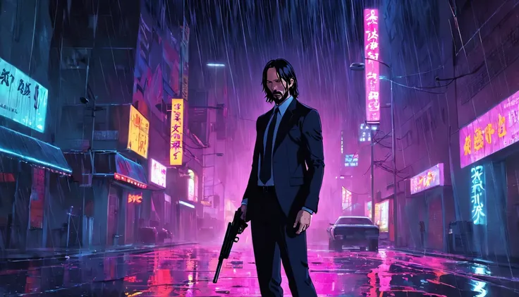 john wick holding a silenced pistol standing in the rain, black suit, city, neon lights, night.