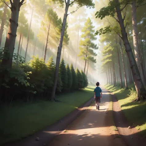 Create an illustration of the boy walking along a path in the forest where he has to make his way sometimes