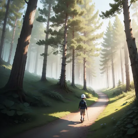 Create an illustration of the boy walking along a path in the forest where he has to make his way sometimes