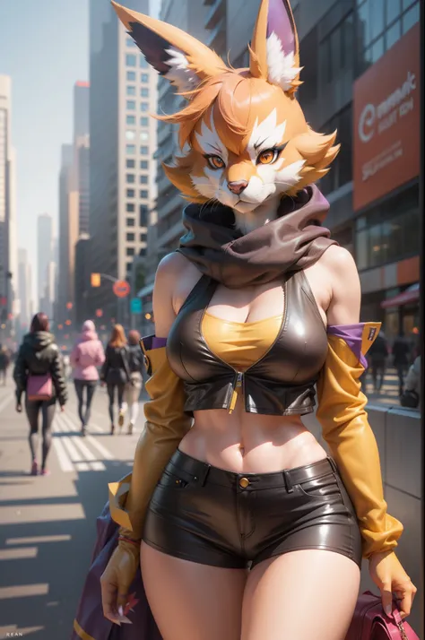 Female renamon furry body anthro in a modern city with friends