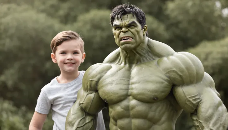 Garoto Hulk, menino com pele totalmente verde, son of the Incredible Hulk and Wonder Woman. A familia Hulk posa para foto.