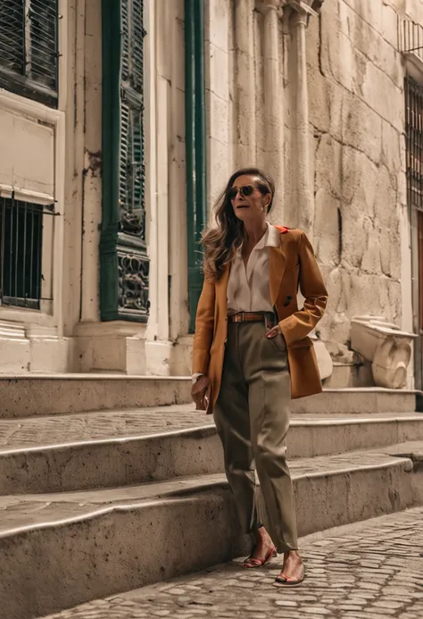 Foto RAW, uma bela mulher latina, longos cabelos castanhos, wearing a white shirt and tailored pants, sorriso brando, em lisboa portugal, foto realista, 8k