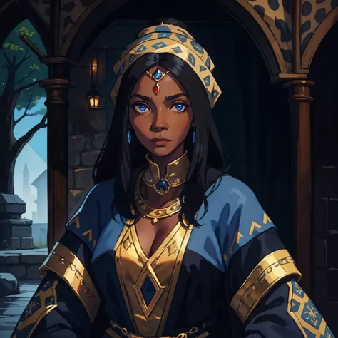 Elderly Black Skin Woman. Blue Eyes. Dark Hair. Medieval Art. Leopard clothes