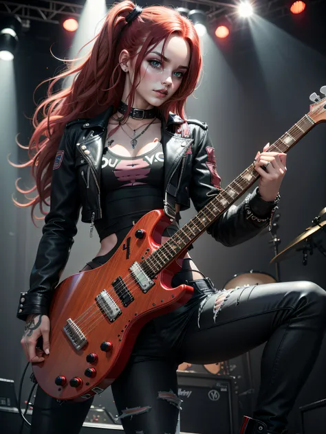 Harley quiin --playing electric guitar on rock concert stage, rocker dressed in black denim jacket, black leather pants, with long red hair with pink streak.