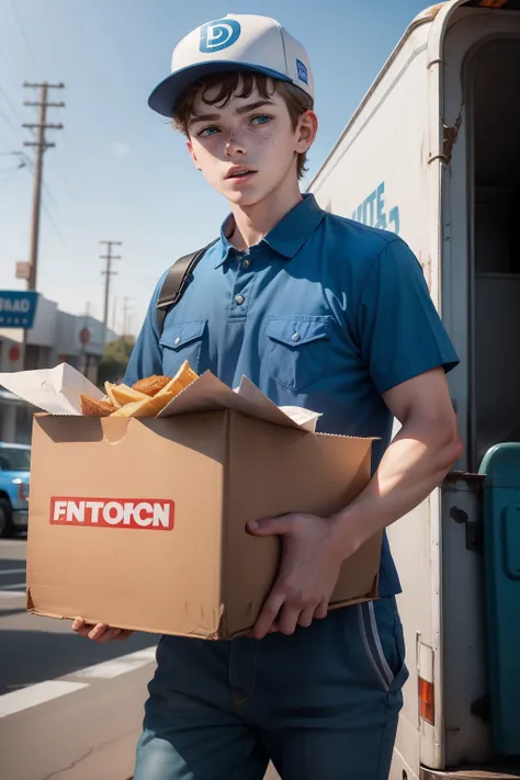 Young white boy with freckles on face wearing blue uniform to blue cap of fast food diner carrying heavy box next to a truck