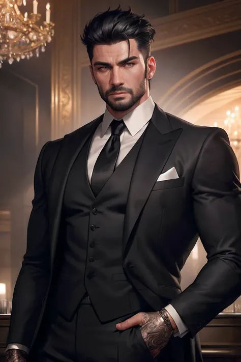 realistic (muscular man:1.1) mob boss, wearing intricate black elegant suite, portrait, short hair, jewelry, in a nightclub, spo...