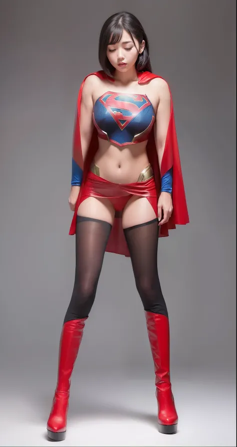 (((Make the most of the original image)))、(((Be sure to wear black tights)))、(((Supergirl Costume)))、(((lustrous dark hair)))、(((Suffering)))、(((Eyes closed)))、(((Be sure to wear red boots)))、((Top image quality、8K))、((top-quality、8K、​masterpiece:1.3))、Cri...