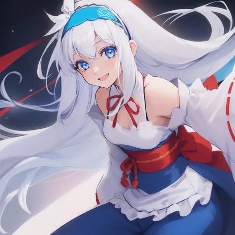 ((((1 girl)))), ((((solo)))), fullbody, ((((white hair)))), long hair, ((((blue hairband)))), ((((blue eyes)))), happy, smile, 18 year old, dynamic angle, off shoulder cut out, japanese sleeve, lace_tee, red ribbon, wide leg pants, in the tokyo, road, nigh...