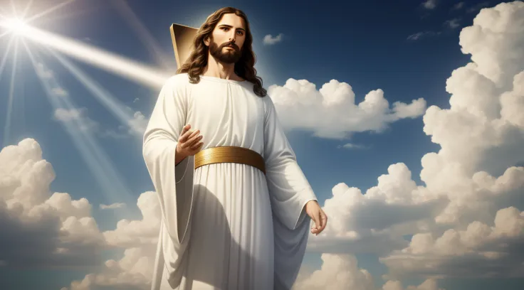 Jesus Christ in humble white clothes in the clouds toward the gates of heaven, insanely realistic with rays of light on his face