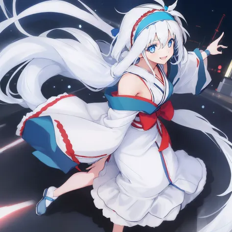 ((((1 girl)))), ((((solo)))), fullbody, ((((white hair)))), long hair, ((((blue hairband)))), ((((blue eyes)))), happy, smile, 18 year old, dynamic angle, off shoulder cut out, japanese sleeve, lace_tee, red ribbon, wide leg pants, in the tokyo, road, nigh...