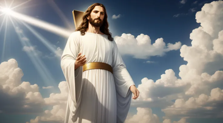 Jesus Christ in humble white clothes in the clouds toward the gates of heaven, insanely realistic with rays of light on his face