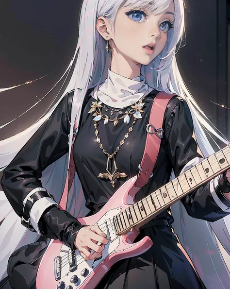 (((​master piece))),(hyper quality::1.5), Hyper Detailed,Perfect Drawing 3D,8K Illustration、(((clearface)))、1 persons、adult lady、Beautiful skins、Lustrous hair、Beautiful skins、Hi-Res、(((While singing)))、Playing the guitar、(((Slender eyes)))、((Delicate finge...