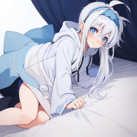 ((((1 girl)))), ((((solo)))), fullbody, ((((white hair)))), long hair, ((((blue hairband)))), ((((blue eyes)))), blush, happy, heart, 18 year old, dynamic angle, barefoot, parka, parka dress, wide sleeves, loose parka, ((((hood up)))), red necklace, bed ro...