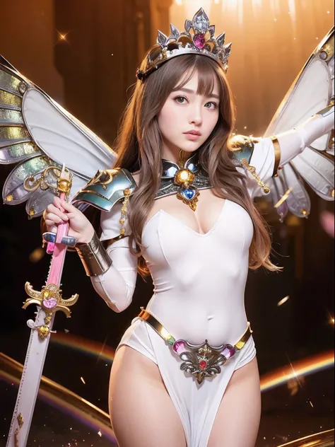 (masutepiece), Professional , ​masterpiece、top-quality、photos realistic , depth of fields （Gemstone Silver Metal Body:1.９),(Matt W White Pink、Jewel Gold Weapon、（Gorgeous castle background）、（ultimate beauty girl）、（Rainbow fairy wings grow）、Particles of ligh...