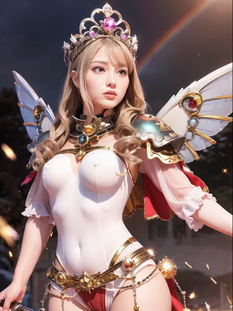 (masutepiece), Professional , ​masterpiece、top-quality、photos realistic , depth of fields （Gemstone Silver Metal Body:1.９),(Matt W White Pink、Jewel Gold Weapon、（Gorgeous castle background）、（ultimate beauty girl）、（Rainbow fairy wings grow）、Particles of ligh...