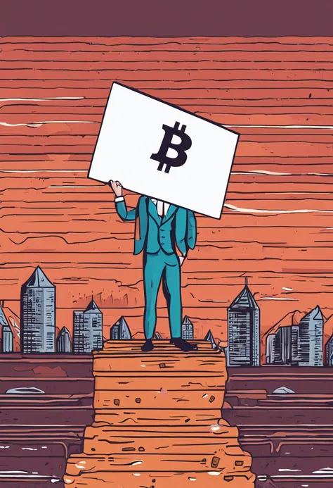 Crypto bitcoin man holds a white sign in the front