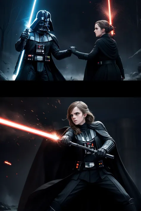 An epic battle between Darth Vader and Emma Watson, with sparks flying and lightsabers clashing.