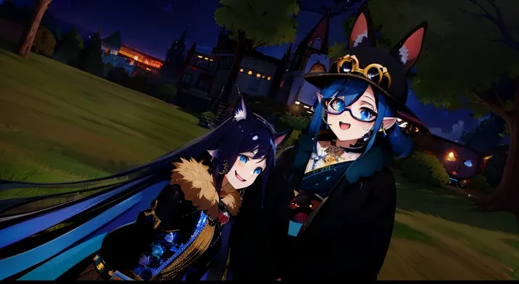 anime characters dressed in black and blue standing in a field, vrchat, hidari and vlop, one blue ) and huge bat ears, nixeu and sakimichan, second life avatar, john egbert, blue and black, with blue skin, sakimichan and frank franzzeta, tumblr, imvu, happ...