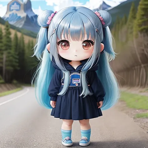 Chibichara　long hair with blue hair((Chibi Chara))、Fluffy、girl with、((Patagonia Girl))、Chibi Chara、full bodyesbian、Pastel colors hair、Masterpiece、top-quality、16k