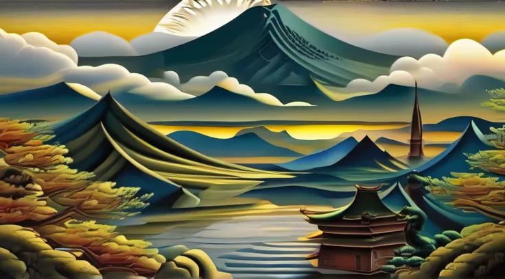 saturne,cubisme,Une peinture chinoise ancienne, Origine chinoise ancienne, montagnes, Rivers, Nuages de bon augure, Pavillons, Soleil, master pieces, super detail, Epic composition, ultra HD, highly quality, extremly detailed, Art officiel,dali,