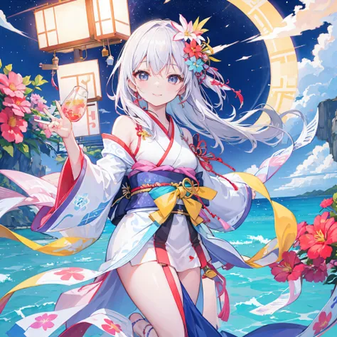 Summer Festivals、skyrocket、a couple、nigh sky、kimono、a smile